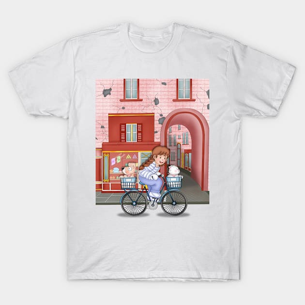 Cute Girl Cycling Around The Town With Dog And Cat T-Shirt by Athikan